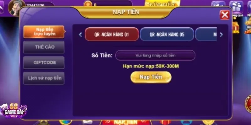 Nạp tiền để chơi Tiến Lên Miền Nam tại 68gamebai