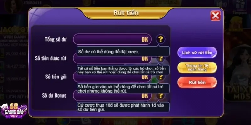 Lưu ý rút tiền tại nhà cái 68 game bài