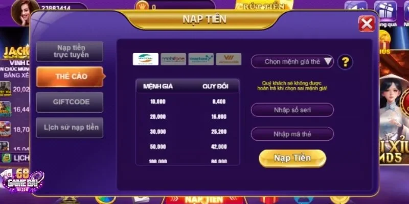 Phương thức rút tiền qua thẻ cào tại 68 game bài