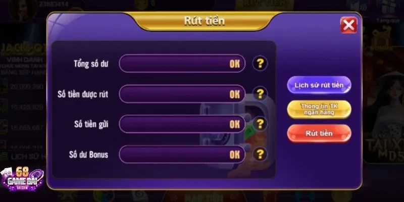 Rút tiền qua ngân hàng tại 68gamebai