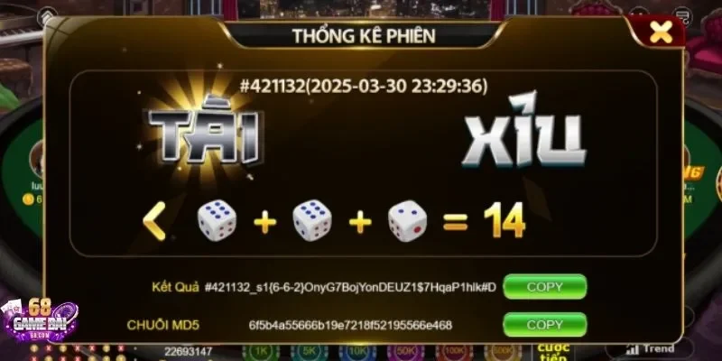 Tài Xỉu MD5 68gamebai - thống kê phiên cược